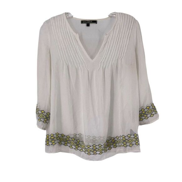 lovestitch Tops - Embroidered Bohemian Top White Pleated 3/4 Sleeve Chiffon Sheer Small Lovestitch